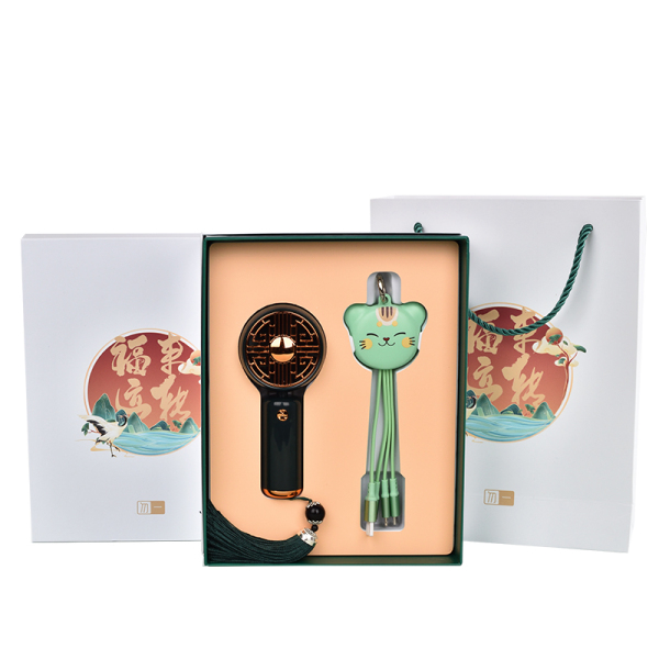 國潮風商務禮盒兩件套 小風扇+招財貓數(shù)據(jù)線 商務禮品送什么