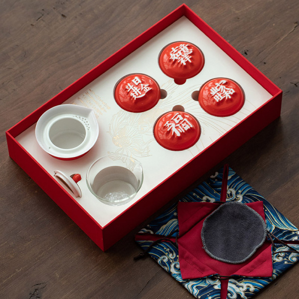 2023新年字器茶具套裝 字器杯4個+易泡壺1+收納布袋1+茶巾1商務(wù)茶具禮品2
